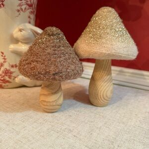 Pair of Whimsical Wool Felt and Wood Mushrooms Fall Halloween Art Decor Glitter